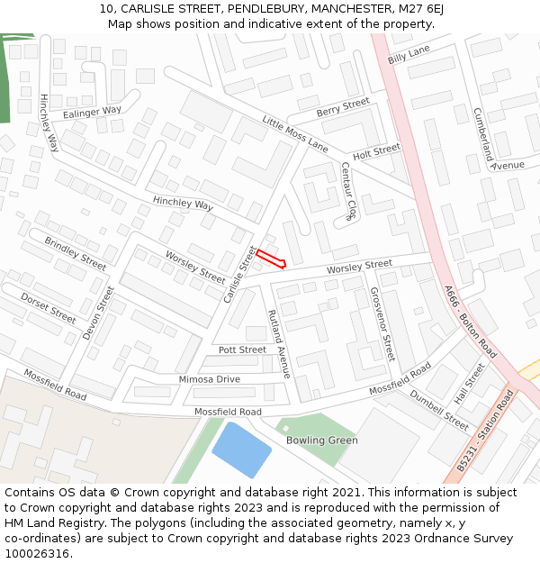 10, CARLISLE STREET, PENDLEBURY, MANCHESTER, M27 6EJ: Location map and indicative extent of plot