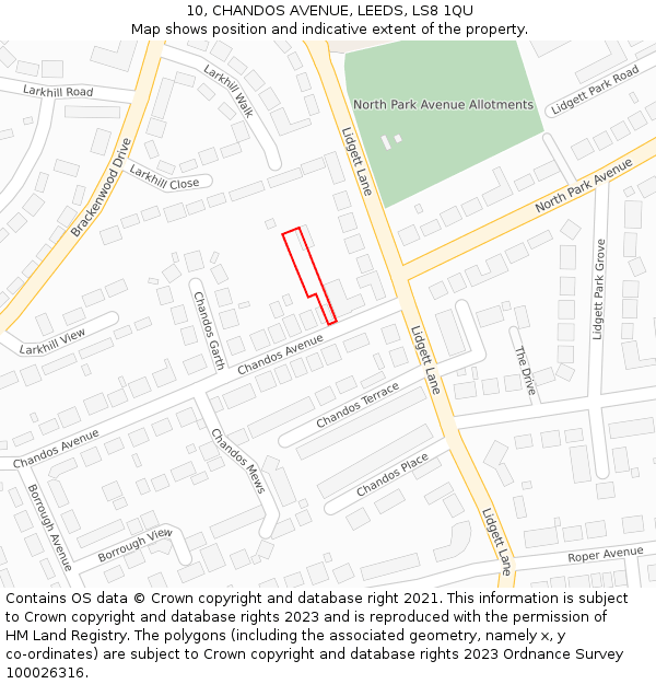 10, CHANDOS AVENUE, LEEDS, LS8 1QU: Location map and indicative extent of plot