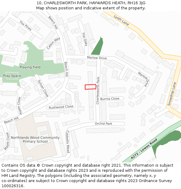 10, CHARLESWORTH PARK, HAYWARDS HEATH, RH16 3JG: Location map and indicative extent of plot