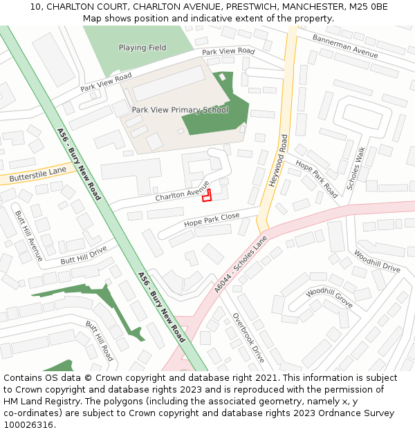 10, CHARLTON COURT, CHARLTON AVENUE, PRESTWICH, MANCHESTER, M25 0BE: Location map and indicative extent of plot