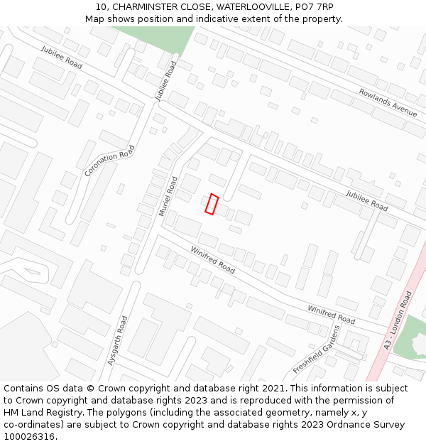 10, CHARMINSTER CLOSE, WATERLOOVILLE, PO7 7RP: Location map and indicative extent of plot