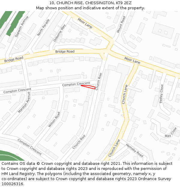 10, CHURCH RISE, CHESSINGTON, KT9 2EZ: Location map and indicative extent of plot