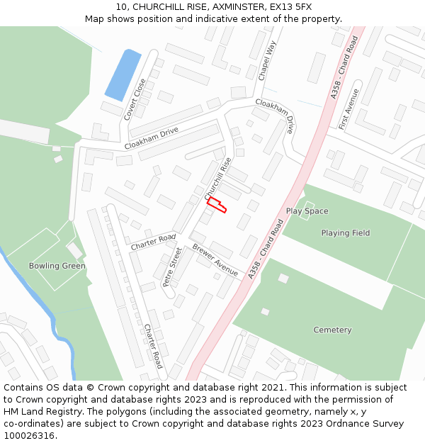 10, CHURCHILL RISE, AXMINSTER, EX13 5FX: Location map and indicative extent of plot