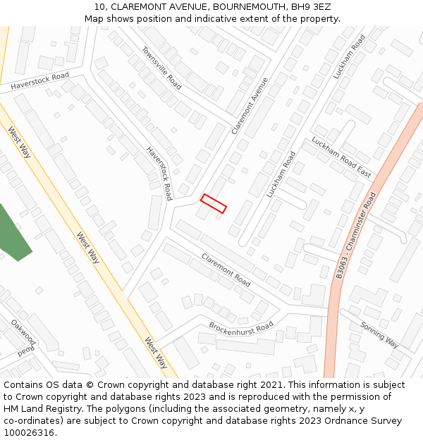 10, CLAREMONT AVENUE, BOURNEMOUTH, BH9 3EZ: Location map and indicative extent of plot