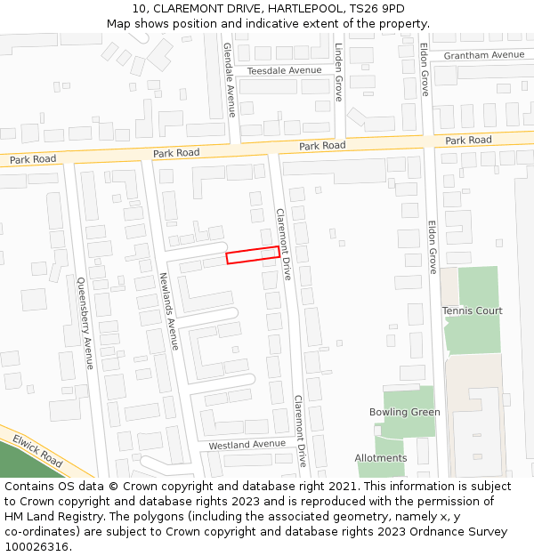 10, CLAREMONT DRIVE, HARTLEPOOL, TS26 9PD: Location map and indicative extent of plot
