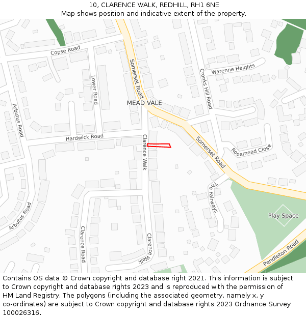 10, CLARENCE WALK, REDHILL, RH1 6NE: Location map and indicative extent of plot