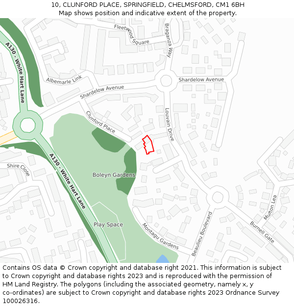 10, CLUNFORD PLACE, SPRINGFIELD, CHELMSFORD, CM1 6BH: Location map and indicative extent of plot