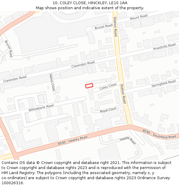 10, COLEY CLOSE, HINCKLEY, LE10 1AA: Location map and indicative extent of plot
