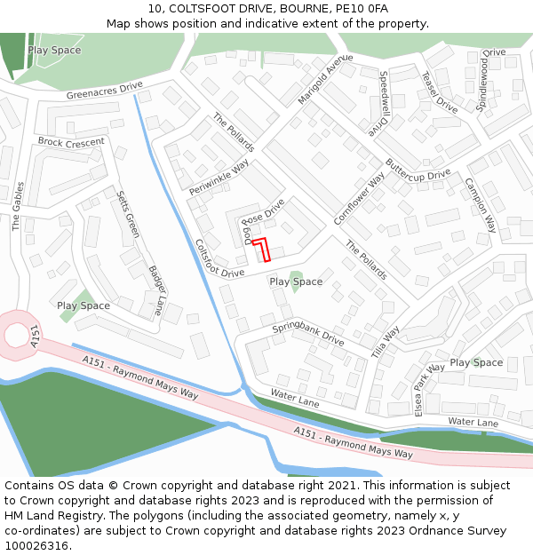10, COLTSFOOT DRIVE, BOURNE, PE10 0FA: Location map and indicative extent of plot
