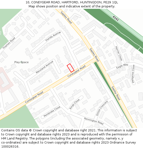 10, CONEYGEAR ROAD, HARTFORD, HUNTINGDON, PE29 1QL: Location map and indicative extent of plot