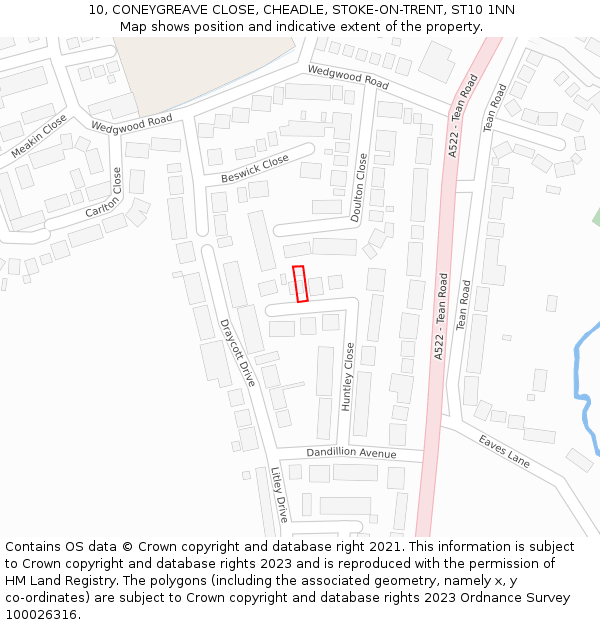 10, CONEYGREAVE CLOSE, CHEADLE, STOKE-ON-TRENT, ST10 1NN: Location map and indicative extent of plot