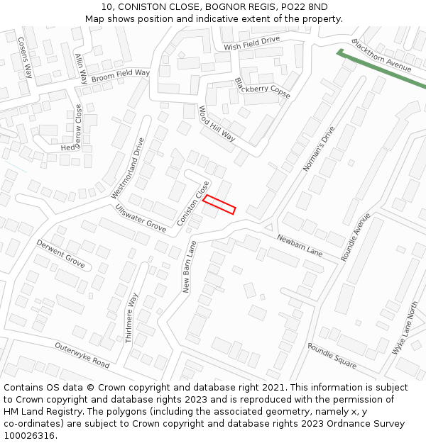 10, CONISTON CLOSE, BOGNOR REGIS, PO22 8ND: Location map and indicative extent of plot