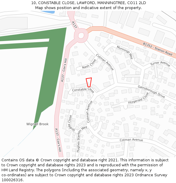 10, CONSTABLE CLOSE, LAWFORD, MANNINGTREE, CO11 2LD: Location map and indicative extent of plot