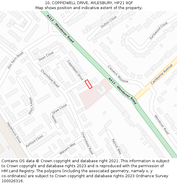 10, COPPIDWELL DRIVE, AYLESBURY, HP21 9QF: Location map and indicative extent of plot