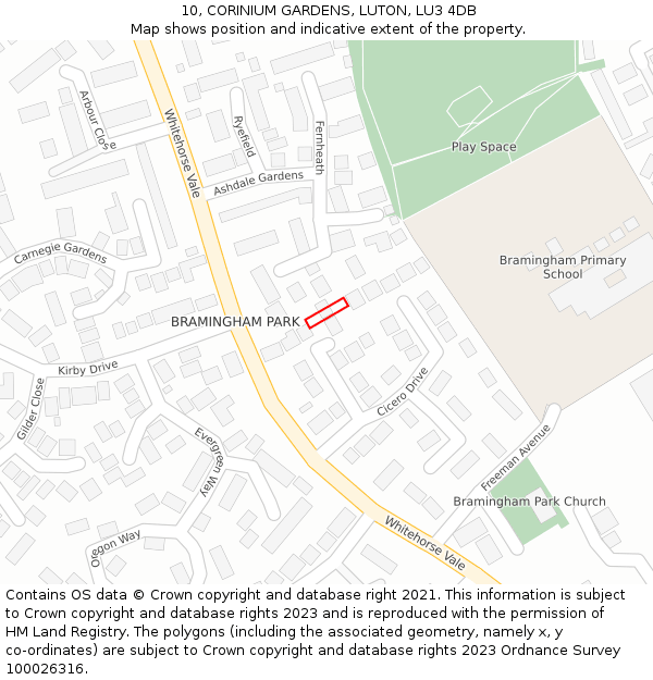 10, CORINIUM GARDENS, LUTON, LU3 4DB: Location map and indicative extent of plot
