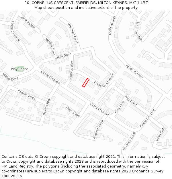 10, CORNELIUS CRESCENT, FAIRFIELDS, MILTON KEYNES, MK11 4BZ: Location map and indicative extent of plot