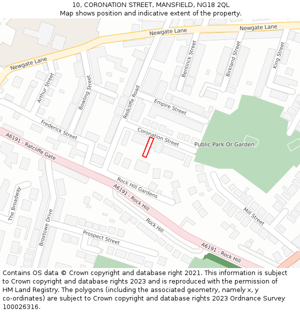 10, CORONATION STREET, MANSFIELD, NG18 2QL: Location map and indicative extent of plot