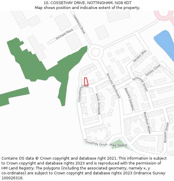 10, COSSETHAY DRIVE, NOTTINGHAM, NG8 6DT: Location map and indicative extent of plot