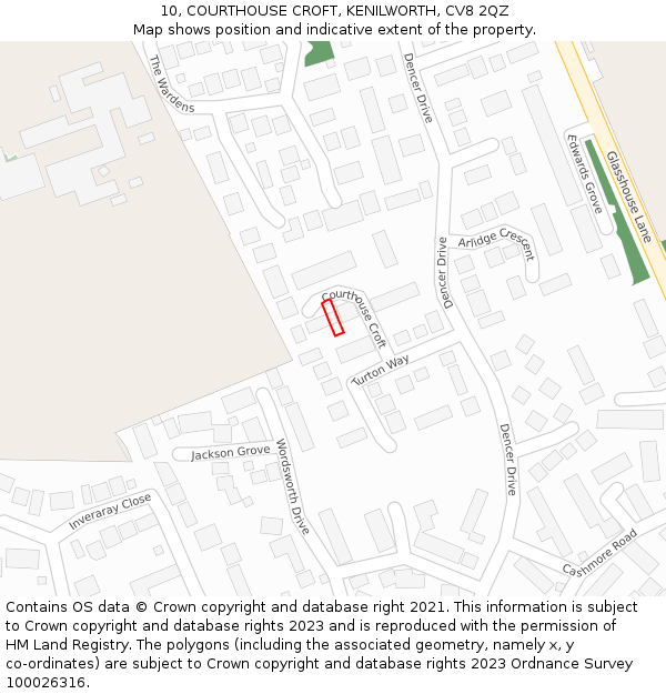 10, COURTHOUSE CROFT, KENILWORTH, CV8 2QZ: Location map and indicative extent of plot