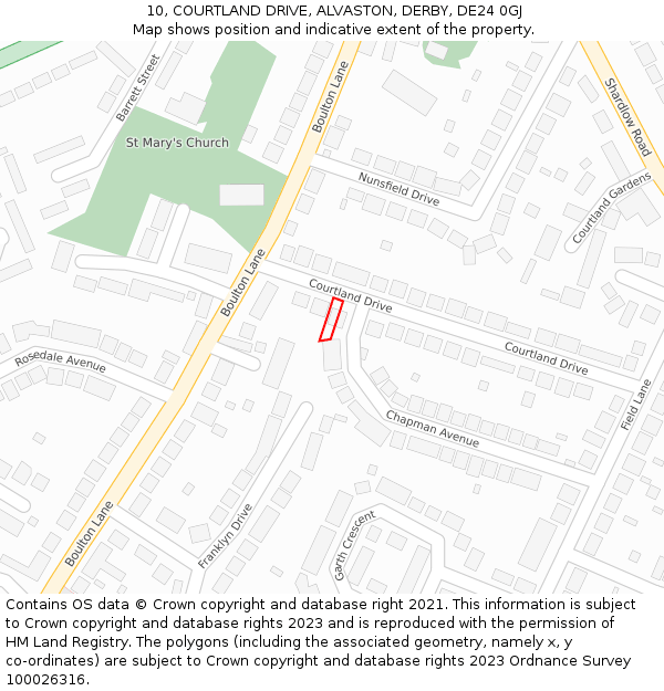 10, COURTLAND DRIVE, ALVASTON, DERBY, DE24 0GJ: Location map and indicative extent of plot