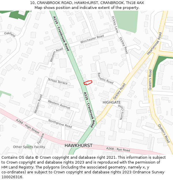 10, CRANBROOK ROAD, HAWKHURST, CRANBROOK, TN18 4AX: Location map and indicative extent of plot