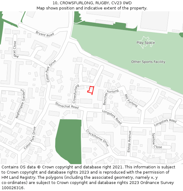 10, CROWSFURLONG, RUGBY, CV23 0WD: Location map and indicative extent of plot