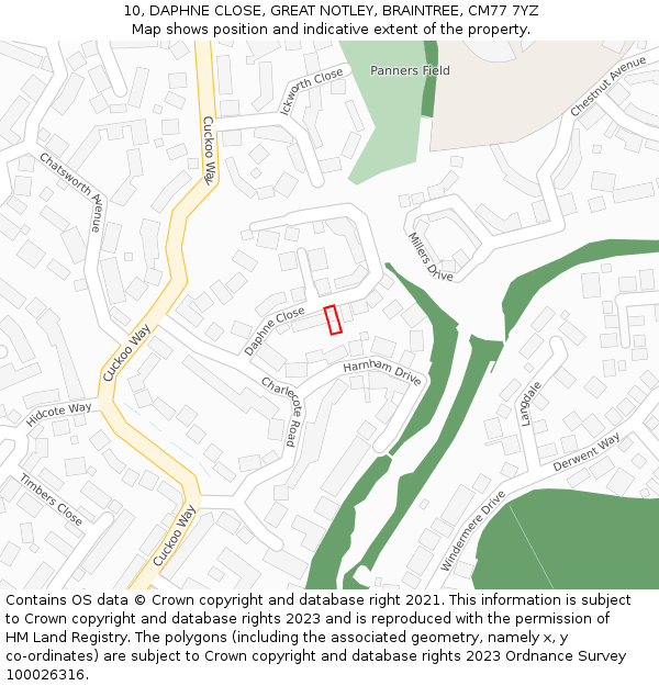 10, DAPHNE CLOSE, GREAT NOTLEY, BRAINTREE, CM77 7YZ: Location map and indicative extent of plot
