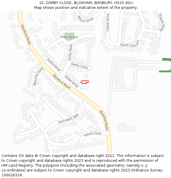 10, DARBY CLOSE, BLOXHAM, BANBURY, OX15 4GU: Location map and indicative extent of plot