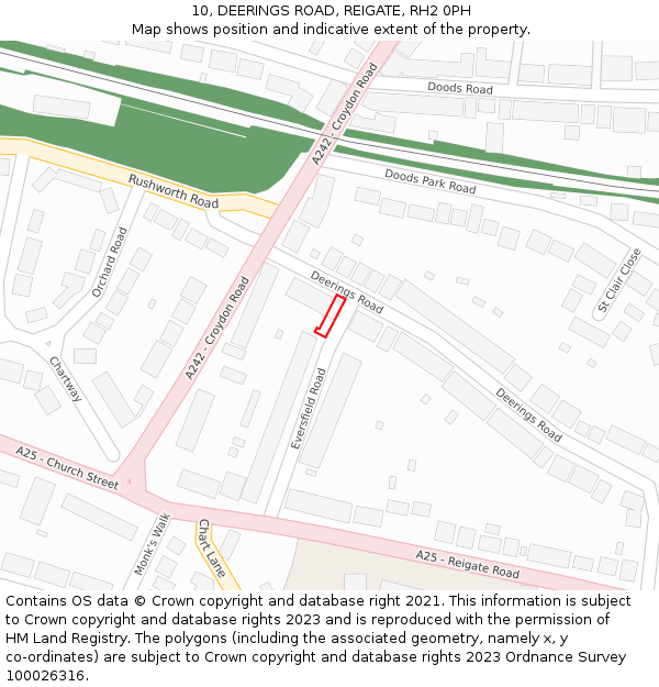 10, DEERINGS ROAD, REIGATE, RH2 0PH: Location map and indicative extent of plot