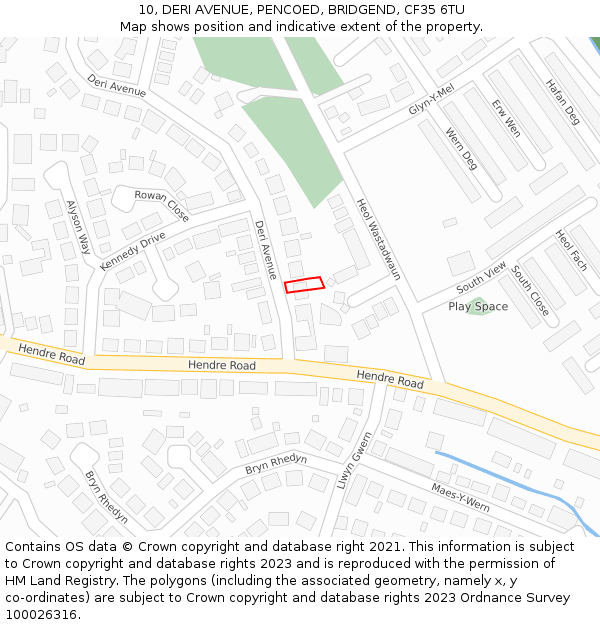 10, DERI AVENUE, PENCOED, BRIDGEND, CF35 6TU: Location map and indicative extent of plot