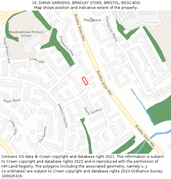 10, DIANA GARDENS, BRADLEY STOKE, BRISTOL, BS32 8DD: Location map and indicative extent of plot