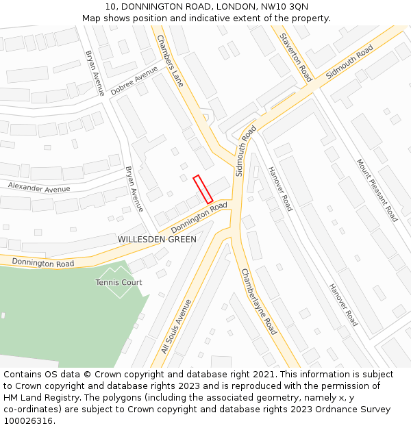 10, DONNINGTON ROAD, LONDON, NW10 3QN: Location map and indicative extent of plot