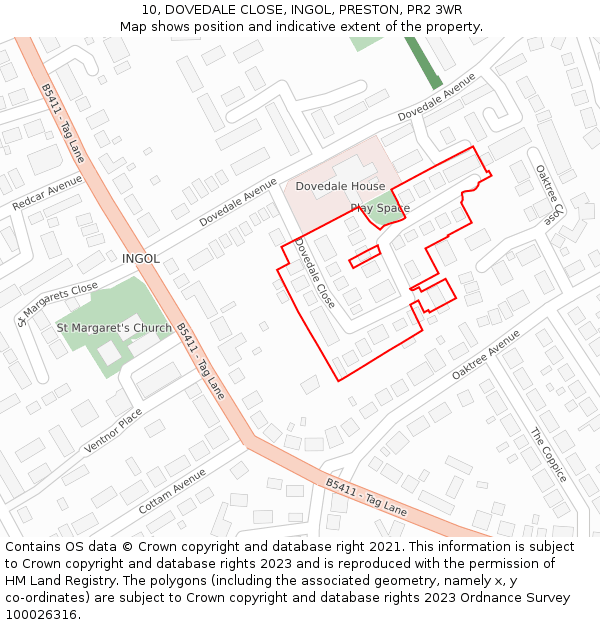 10, DOVEDALE CLOSE, INGOL, PRESTON, PR2 3WR: Location map and indicative extent of plot