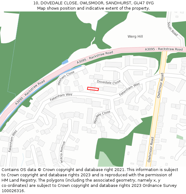 10, DOVEDALE CLOSE, OWLSMOOR, SANDHURST, GU47 0YG: Location map and indicative extent of plot