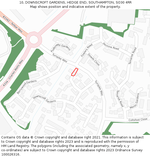 10, DOWNSCROFT GARDENS, HEDGE END, SOUTHAMPTON, SO30 4RR: Location map and indicative extent of plot