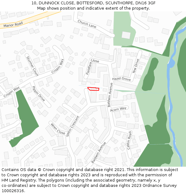 10, DUNNOCK CLOSE, BOTTESFORD, SCUNTHORPE, DN16 3GF: Location map and indicative extent of plot