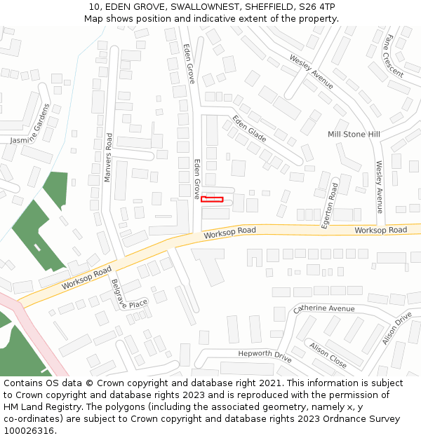 10, EDEN GROVE, SWALLOWNEST, SHEFFIELD, S26 4TP: Location map and indicative extent of plot