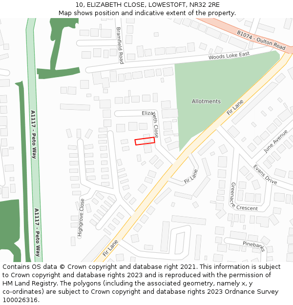 10, ELIZABETH CLOSE, LOWESTOFT, NR32 2RE: Location map and indicative extent of plot