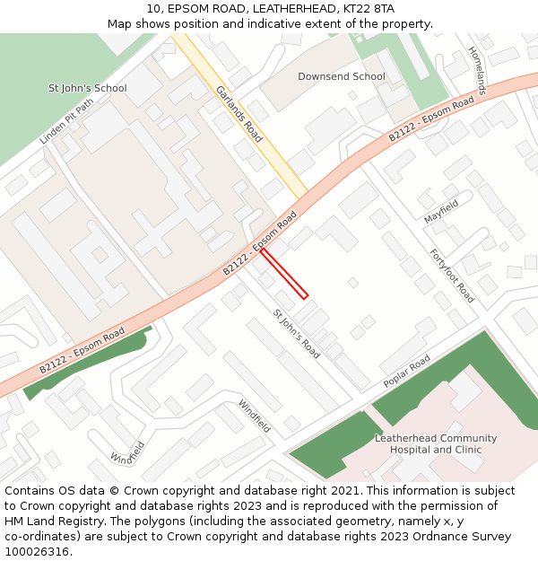 10, EPSOM ROAD, LEATHERHEAD, KT22 8TA: Location map and indicative extent of plot