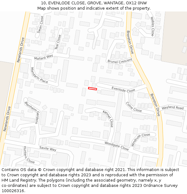 10, EVENLODE CLOSE, GROVE, WANTAGE, OX12 0NW: Location map and indicative extent of plot