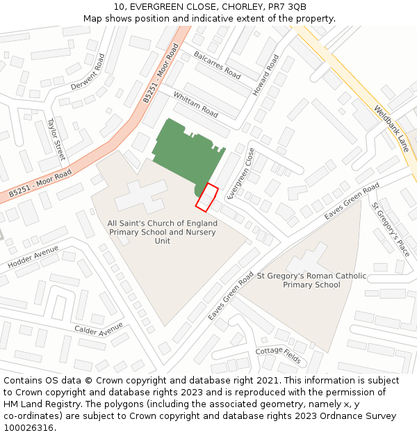 10, EVERGREEN CLOSE, CHORLEY, PR7 3QB: Location map and indicative extent of plot