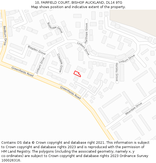 10, FAIRFIELD COURT, BISHOP AUCKLAND, DL14 9TG: Location map and indicative extent of plot