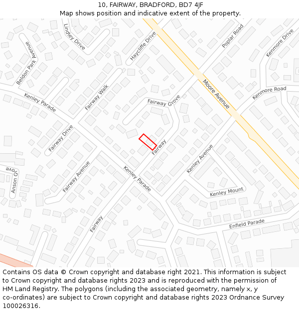 10, FAIRWAY, BRADFORD, BD7 4JF: Location map and indicative extent of plot