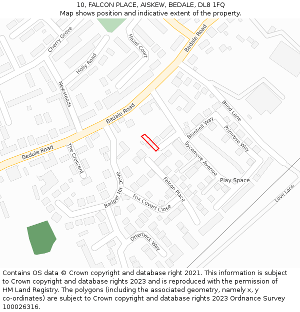 10, FALCON PLACE, AISKEW, BEDALE, DL8 1FQ: Location map and indicative extent of plot