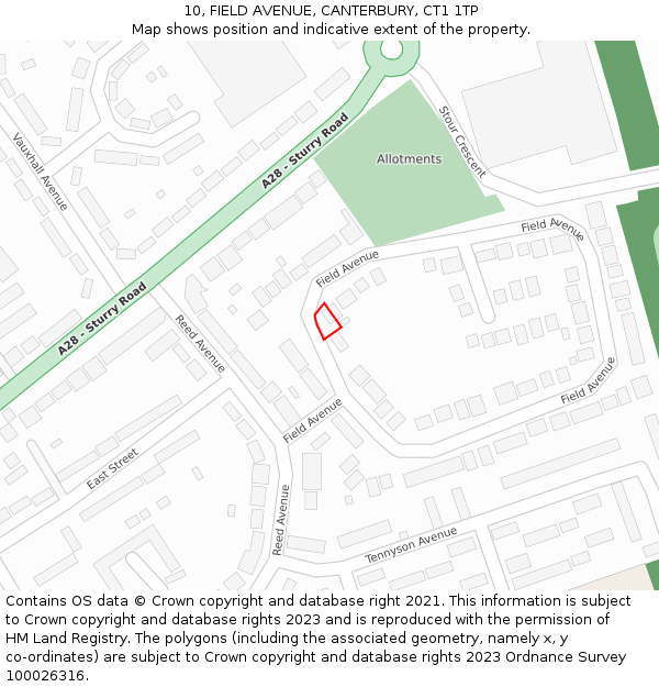 10, FIELD AVENUE, CANTERBURY, CT1 1TP: Location map and indicative extent of plot