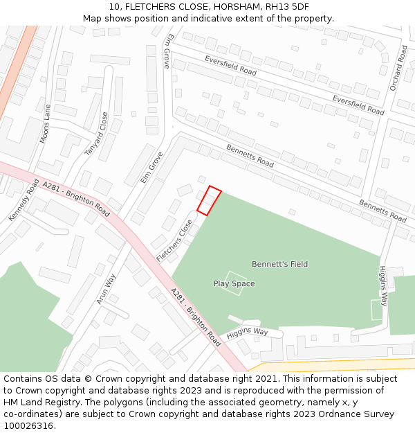 10, FLETCHERS CLOSE, HORSHAM, RH13 5DF: Location map and indicative extent of plot