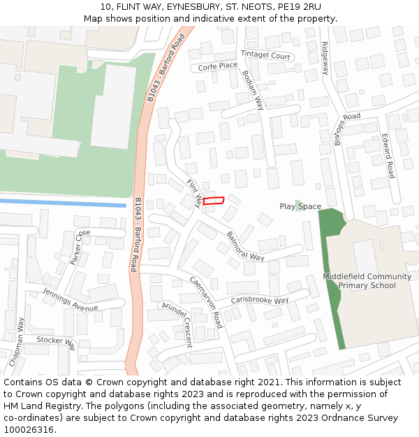 10, FLINT WAY, EYNESBURY, ST. NEOTS, PE19 2RU: Location map and indicative extent of plot