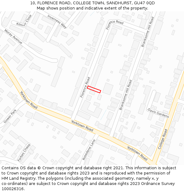 10, FLORENCE ROAD, COLLEGE TOWN, SANDHURST, GU47 0QD: Location map and indicative extent of plot