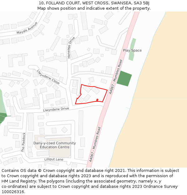 10, FOLLAND COURT, WEST CROSS, SWANSEA, SA3 5BJ: Location map and indicative extent of plot