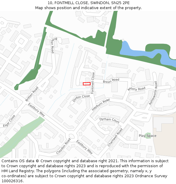 10, FONTMELL CLOSE, SWINDON, SN25 2PE: Location map and indicative extent of plot